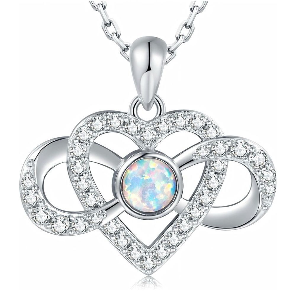 ZGBY Infinity Heart Opal Necklace CZ 925 Sterling Silver 18 Inch Chain